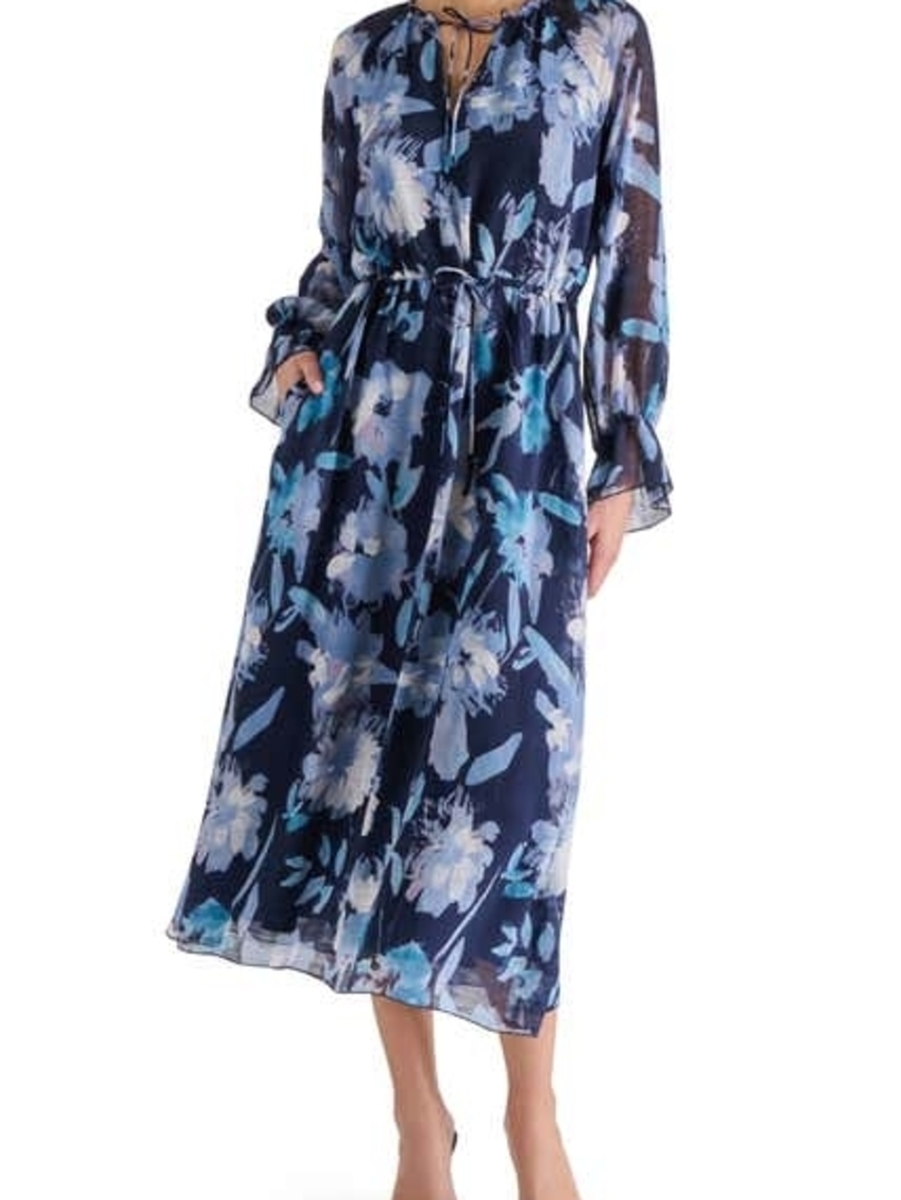 Steve Madden Chiffon Navy Blue Floral Midi Dress Size M